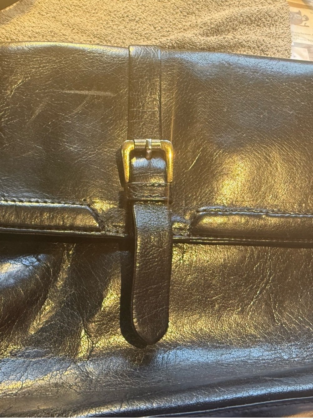 Navy Blue Genuine  Leather Shoulder Bag with Gold Buckle Accent